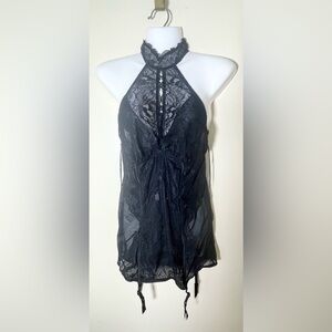 Sz S/M la vie en rose babydoll chocker lingerie lace open back mesh dress NWT